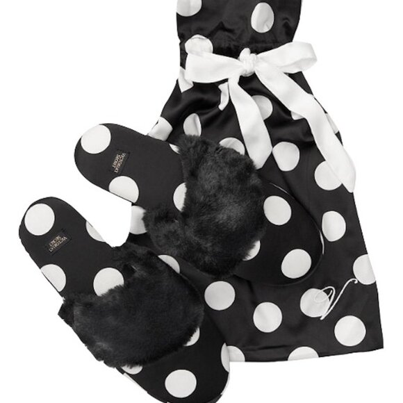 Victoria's Secret  Satin Slippers Black White Polka Dot with Faux Fur Medium 7-8 - Picture 1 of 2